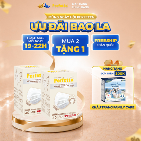 [Mua 2 Tặng 1] Combo 2 Khẩu Trang Y Tế Cao Cấp Perfetta Premium Ag+ 3 Lớp, Kháng Khuẩn Nano Bạc, 2 Thanh Nẹp Thông Thoáng (40 Cái/Hộp)
