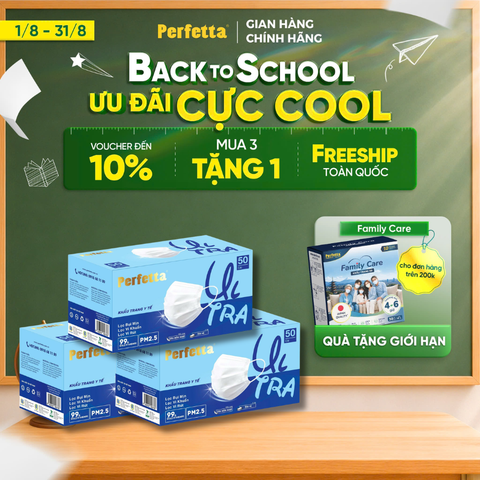 [Mua 3 Tặng 1] Combo 3 Khẩu Trang Y Tế Cao Cấp Perfetta Ultra Xuất Khẩu 4 Lớp, Ngăn Ngừa Bụi Mịn PM 2.5, Chống Trượt Nước, Êm Tai (50 Cái/Hộp)