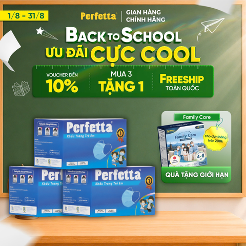 [Mua 3 Tặng 1] Combo 3 Khẩu Trang Y Tế Trẻ Em Perfetta Moderate Children 3 Lớp, Mềm Mại, Dễ Thở, Êm Tai, Kháng Khuẩn (35 Cái/Hộp)