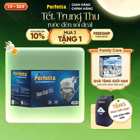 Khẩu trang y tế than hoạt tính Perfetta Carbon 4 lớp , ngăn khói bụi, vi khuẩn, khử mùi, êm tai (40 Cái/Hộp)