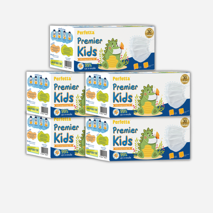 [Mua 5 Tặng 5] Combo 5 Hộp Khẩu Trang Y Tế Trẻ Em Perfetta Premier Kids 3 Lớp, Mềm Mại, Dễ Thở, Êm Tai, Kháng Khuẩn (30 Cái/Hộp)