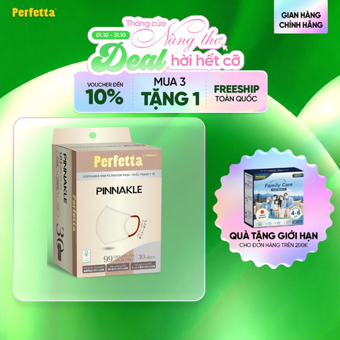Khẩu trang cao cấp 3D Perfetta Pinnakle mềm mại, quai đeo thun bông êm tai, ôm vừa vặn (30 cái/hộp)
