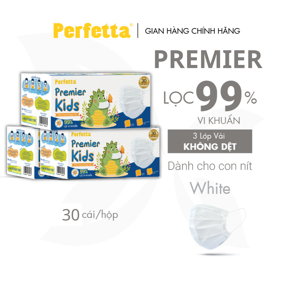 [Mua 3 Tặng 3] Combo 3 Hộp Khẩu Trang Y Tế Trẻ Em Perfetta Premier Kids 3 LớP, Mềm Mại, Dễ Thở, Êm Tai, Kháng Khuẩn (30 Cái/Hộp)