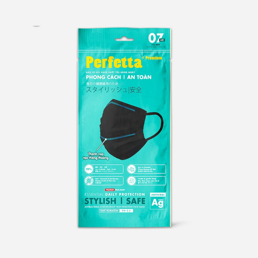 Gói khẩu trang y tế cao cấp Perefetta Premium Ag+ 3 lớp, kháng khuẩn nano bạc, 2 thanh nẹp thông thoáng (7 cái/gói)
