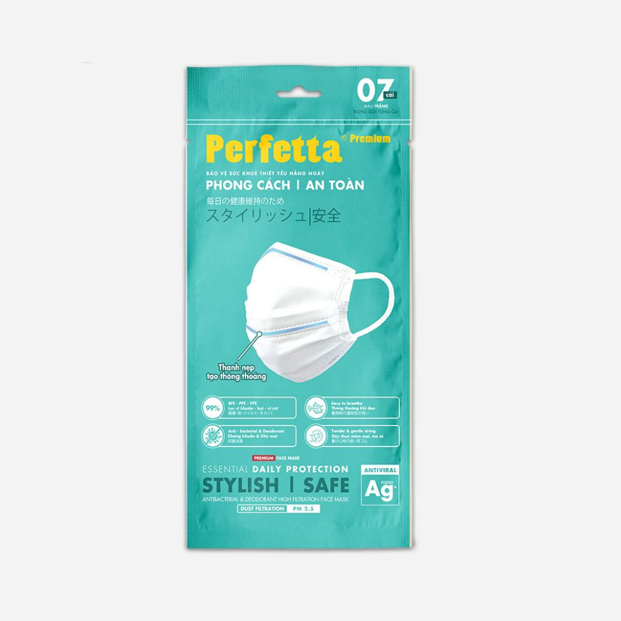 Gói khẩu trang y tế cao cấp Perfetta Premium Ag+ 3 lớp, kháng khuẩn nano bạc, 2 thanh nẹp thông thoáng (7 cái/gói)