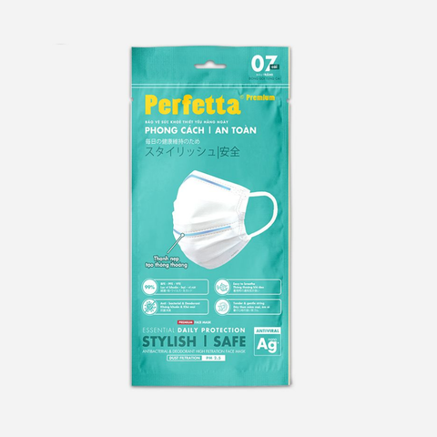 Gói khẩu trang y tế cao cấp Perfetta Premium Ag+ 3 lớp, kháng khuẩn nano bạc, 2 thanh nẹp thông thoáng (7 cái/gói)