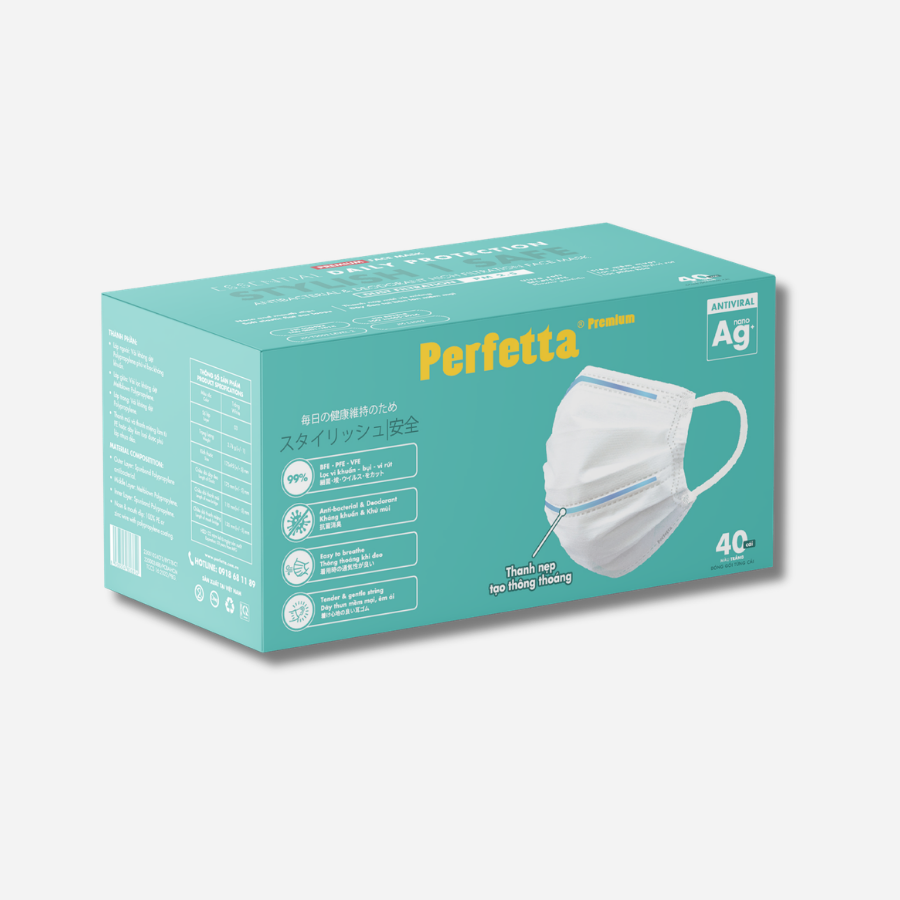 Khẩu trang y tế cao cấp Perefetta Premium Ag+ 3 lớp, kháng khuẩn nano bạc, 2 thanh nẹp thông thoáng (40 cái/hộp)