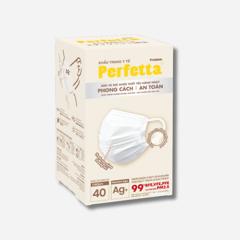 Khẩu trang y tế cao cấp Perfetta Premium Ag+ 3 lớp, kháng khuẩn nano bạc, 2 thanh nẹp thông thoáng (40 cái/hộp)