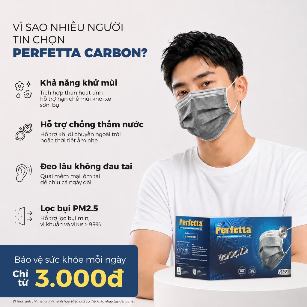 [Mua 3 Tặng 1] Combo 3 Hộp Khẩu trang y tế than hoạt tính Perfetta Carbon 4 lớp , ngăn khói bụi, vi khuẩn, khử mùi, êm tai (40 Cái/Hộp)