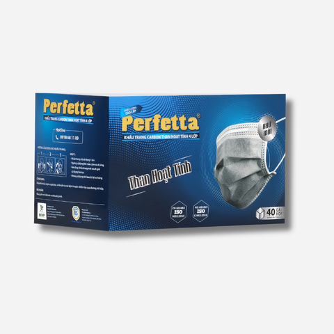 Khẩu trang y tế than hoạt tính Perfetta Carbon 4 lớp , ngăn khói bụi, vi khuẩn, khử mùi, êm tai (40 Cái/Hộp)