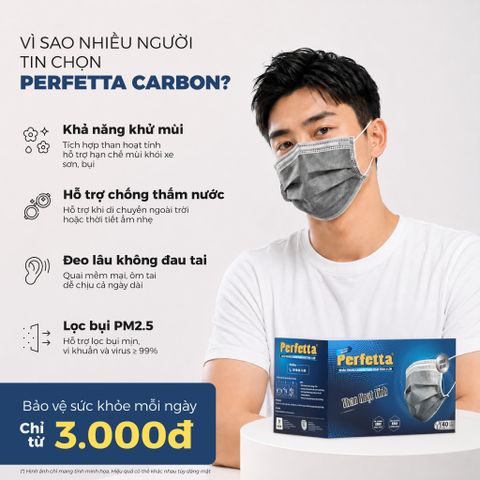 Khẩu trang y tế than hoạt tính Perfetta Carbon 4 lớp , ngăn khói bụi, vi khuẩn, khử mùi, êm tai (40 Cái/Hộp)