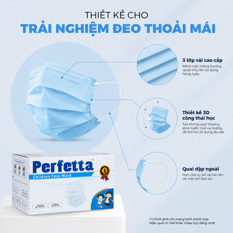 Khẩu trang y tế trẻ em Perfetta Children 3 lớp, mềm mại, dễ thở, êm tai, kháng khuẩn (35 cái/hộp)