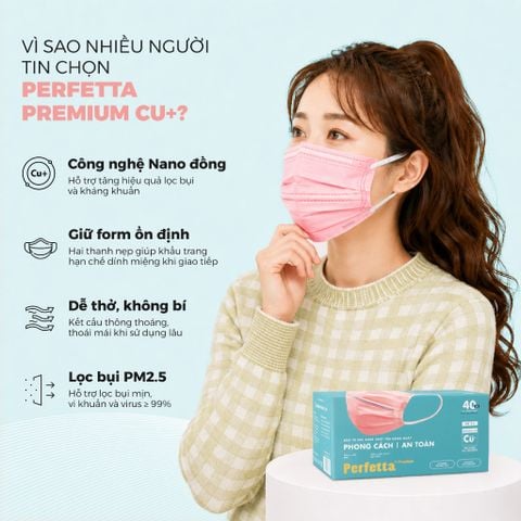 [Mua 3 Tặng 1] Combo 3 Khẩu Trang Y Tế Cao Cấp Perfetta Premium Cu+ 3 lớp, Kháng Khuẩn Nano Đồng, 2 Thanh Nẹp Thông Thoáng (40 cái/hộp)