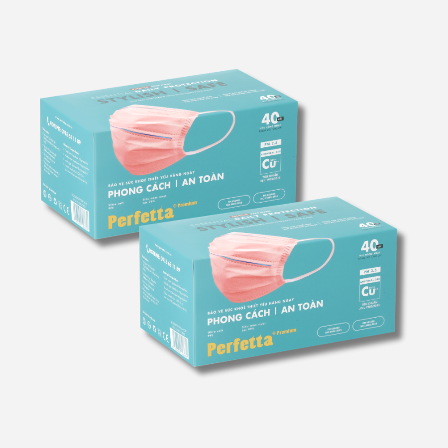 [Mua 2 Tặng 1] Combo 2 Khẩu Trang Y Tế Cao Cấp Perfetta Premium Cu+ 3 lớp, Kháng Khuẩn Nano Đồng, 2 Thanh Nẹp Thông Thoáng (40 cái/hộp)