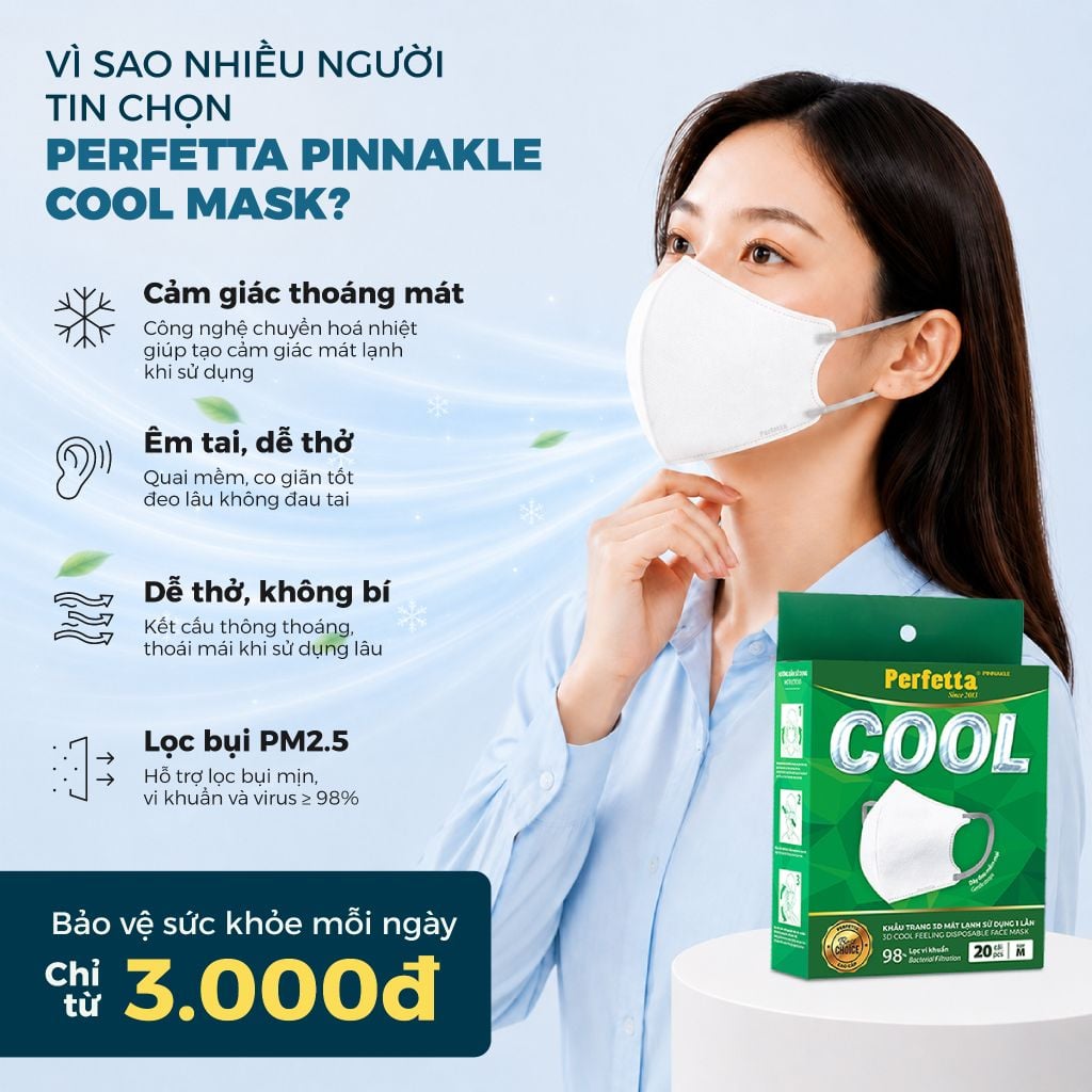 Hộp Khẩu Trang Cao Cấp Perfetta Pinnakle Cool Mask Mát Lạnh, Thoáng Mát, Ôm Vừa Vặn, Êm Tai (20 Cái/Hộp)