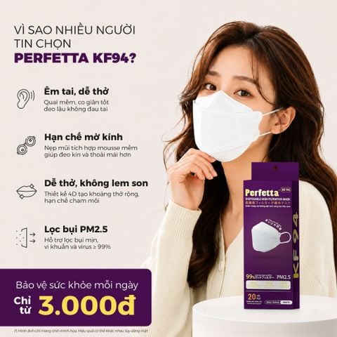 [Mua 3 Tặng 1] Combo 3 Hộp Khẩu Trang Cao Cấp 4D Perfetta KF94 Mềm Mịn, Chống Mờ Kính, Êm Tai, Thời Trang Hàn Quốc (20 Cái/Hộp)