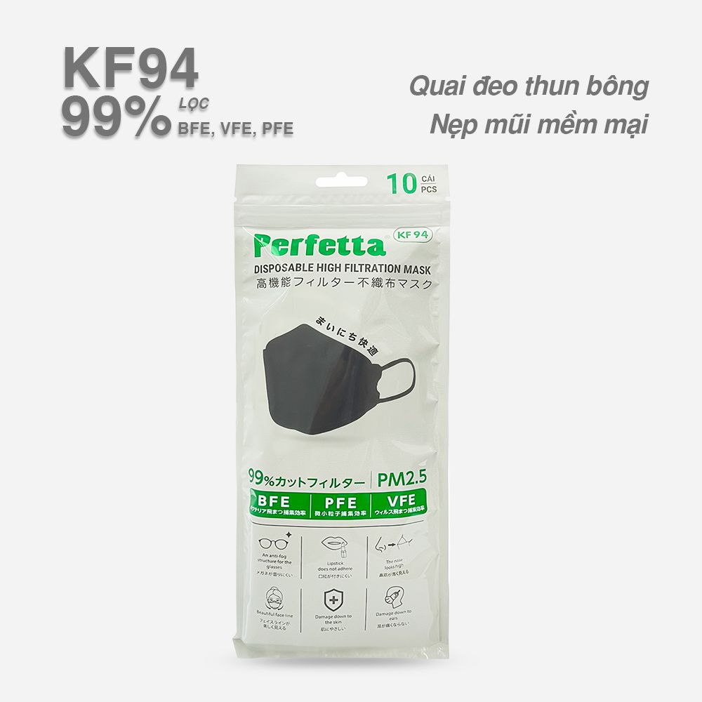 Gói khẩu trang cao cấp 4D Perfetta KF94 mềm mịn, chống mờ kính, êm tai, thời trang Hàn Quốc (7 Cái/Gói)