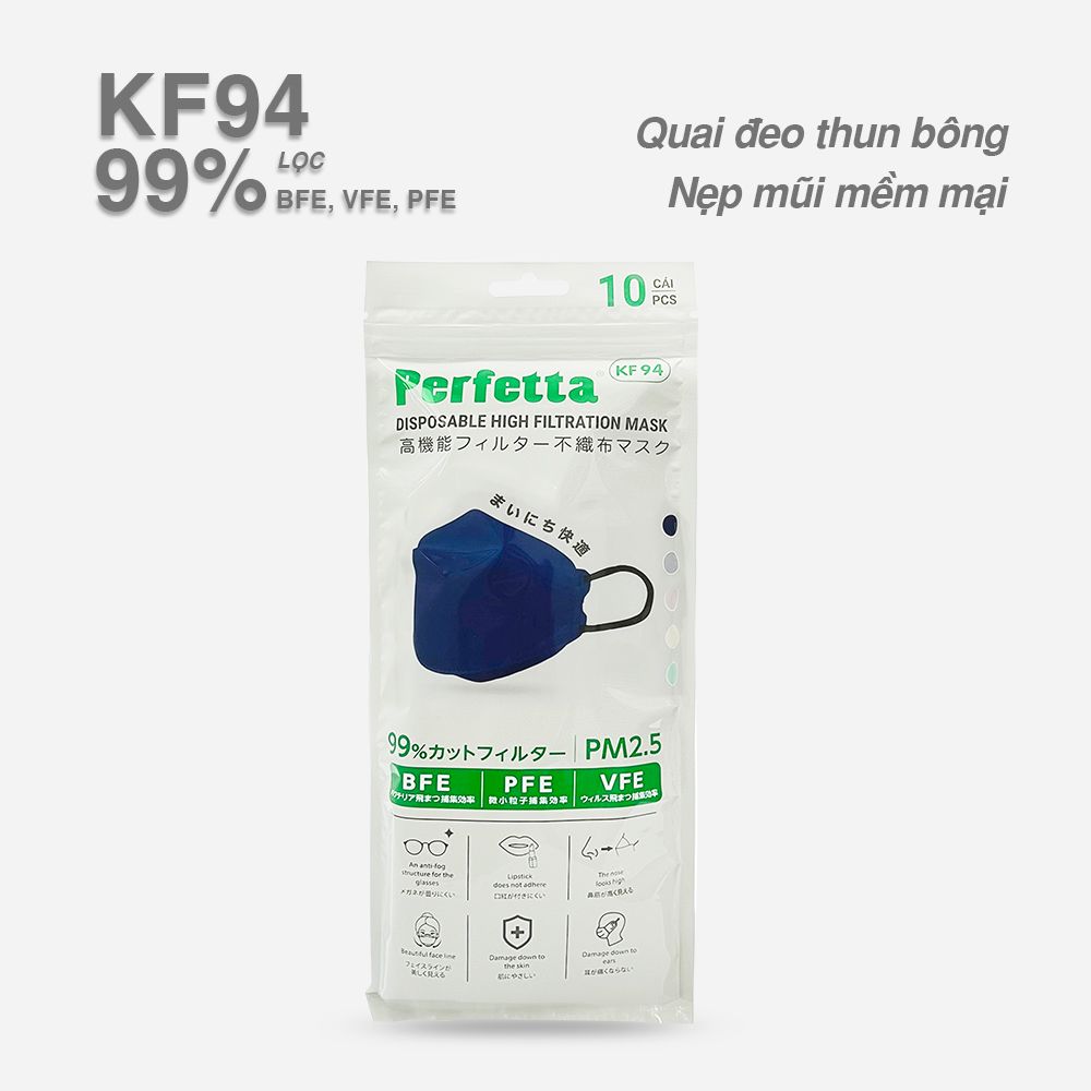 Gói khẩu trang cao cấp 4D Perfetta KF94 mềm mịn, chống mờ kính, êm tai, thời trang Hàn Quốc (7 Cái/Gói)