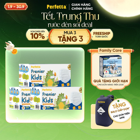 [Mua 3 Tặng 3] Combo 3 Hộp Khẩu Trang Y Tế Trẻ Em Perfetta Premier Kids 3 Lớp, Mềm Mại, Dễ Thở, Êm Tai, Kháng Khuẩn (30 Cái/Hộp)