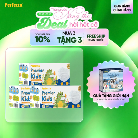 [Mua 3 Tặng 3] Combo 3 Hộp Khẩu Trang Y Tế Trẻ Em Perfetta Premier Kids 3 Lớp, Mềm Mại, Dễ Thở, Êm Tai, Kháng Khuẩn (30 Cái/Hộp)