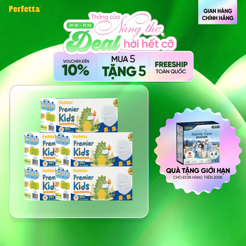 [Mua 5 Tặng 5] Combo 5 Hộp Khẩu Trang Y Tế Trẻ Em Perfetta Premier Kids 3 Lớp, Mềm Mại, Dễ Thở, Êm Tai, Kháng Khuẩn (30 Cái/Hộp)