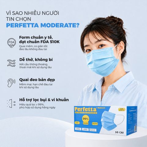 [Mua 3 Tặng 1] Combo 3 Khẩu Trang Y Tế Perfetta Moderate 3 Lớp, Dễ Thở, Mềm Mại, Êm Tai (50 Cái/Hộp)