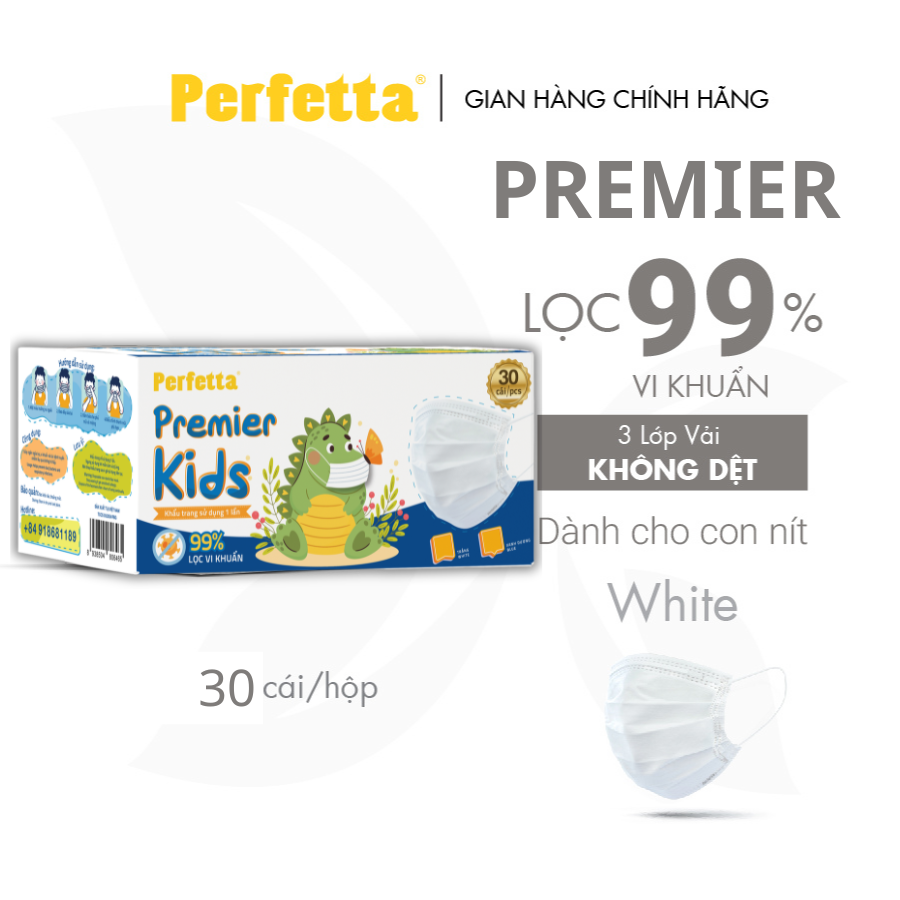 Khẩu Trang Y Tế Trẻ Em Perfetta Premier Kids 3 Lớp, Mềm Mại, Dễ Thở, Êm Tai, Kháng Khuẩn (30 Cái/Hộp)