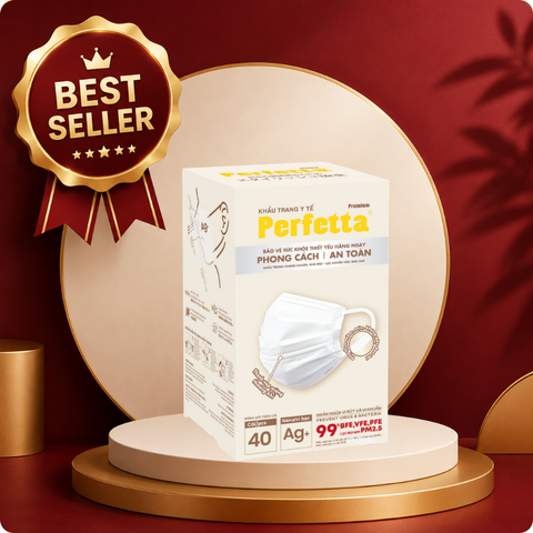 Khẩu trang y tế cao cấp Perfetta Premium Ag+ 3 lớp, kháng khuẩn nano bạc, 2 thanh nẹp thông thoáng (40 cái/hộp)