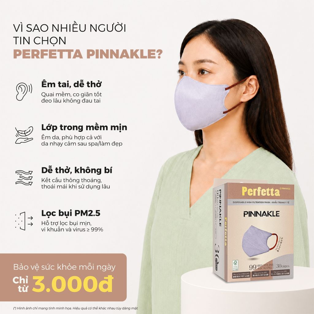 [Mua 3 Tặng 1] Combo 3 Hộp Khẩu trang cao cấp 3D Perfetta Pinnakle mềm mại, quai đeo thun bông êm tai, ôm vừa vặn (30 cái/hộp)