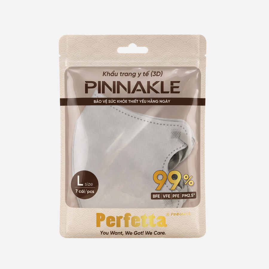 Gói Khẩu Trang Cao Cấp 3D Perfetta Pinnakle Size L Mềm Mại, Quai Đeo Thun Bông Êm Tai, Ôm Vừa Vặn (7 Cái/Gói)