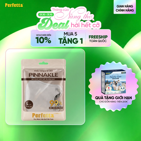 Gói Khẩu Trang Cao Cấp 3D Perfetta Pinnakle Size L Mềm Mại, Quai Đeo Thun Bông Êm Tai, Ôm Vừa Vặn (7 Cái/Gói)
