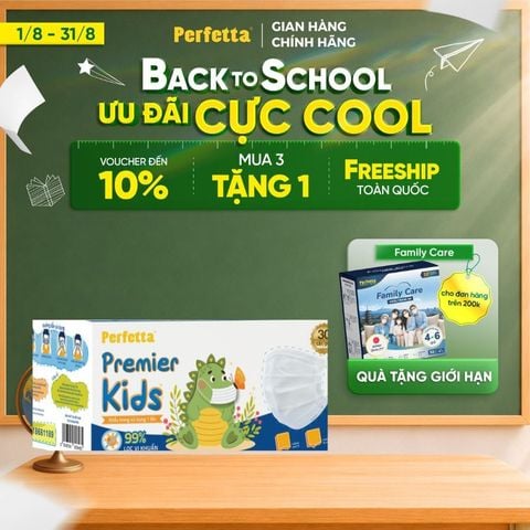 Khẩu Trang Y Tế Trẻ Em Perfetta Premier Kids 3 Lớp, Mềm Mại, Dễ Thở, Êm Tai, Kháng Khuẩn (30 Cái/Hộp)