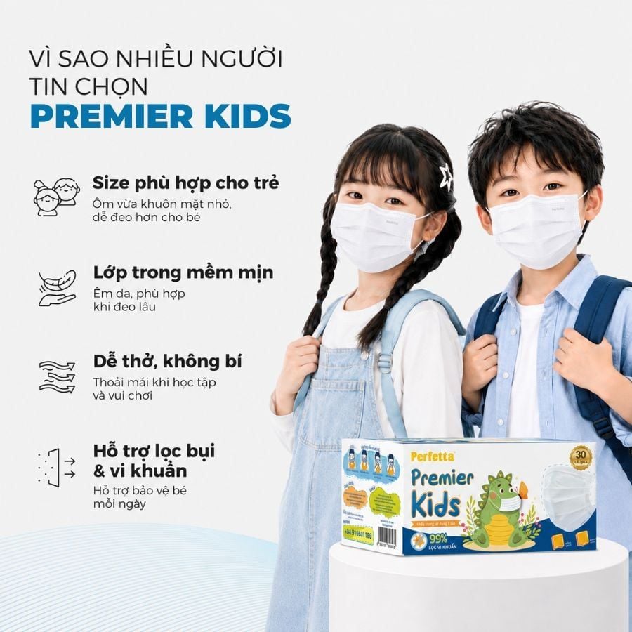 Khẩu Trang Y Tế Trẻ Em Perfetta Premier Kids 3 Lớp, Mềm Mại, Dễ Thở, Êm Tai, Kháng Khuẩn (30 Cái/Hộp)