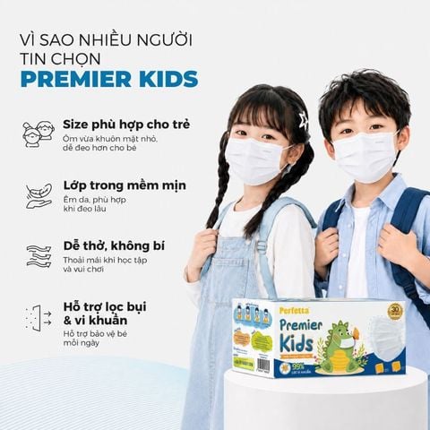 [Mua 3 Tặng 3] Combo 3 Hộp Khẩu Trang Y Tế Trẻ Em Perfetta Premier Kids 3 Lớp, Mềm Mại, Dễ Thở, Êm Tai, Kháng Khuẩn (30 Cái/Hộp)