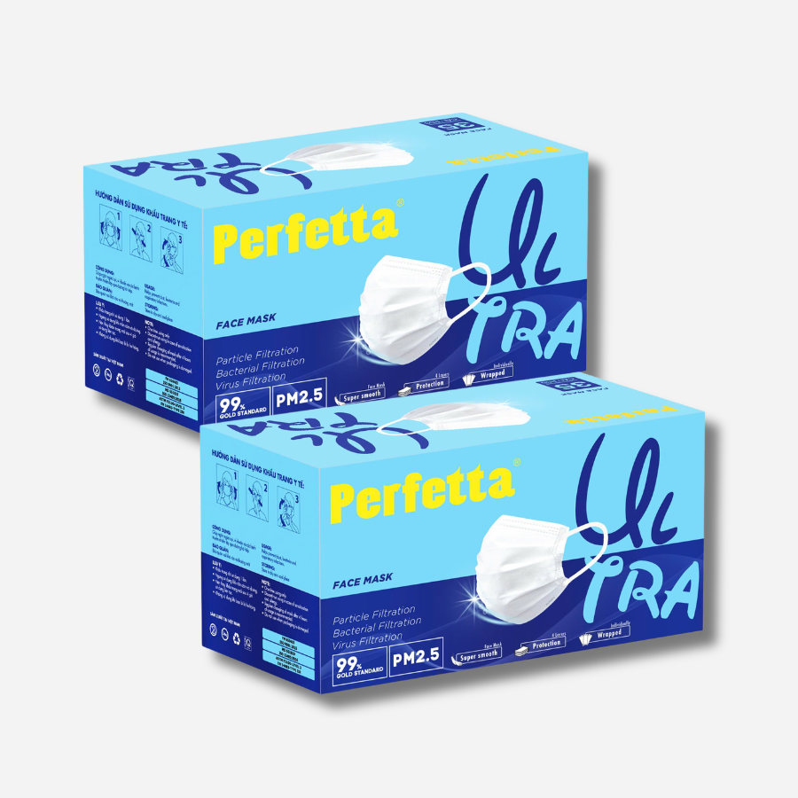 [Mua 2 Tặng 1] Combo 2 Khẩu Trang Y Tế Cao Cấp Perfetta Ultra 4 Lớp, Ngăn Ngừa Bụi Mịn PM 2.5, Chống Trượt Nước, Êm Tai (50 Cái/Hộp)