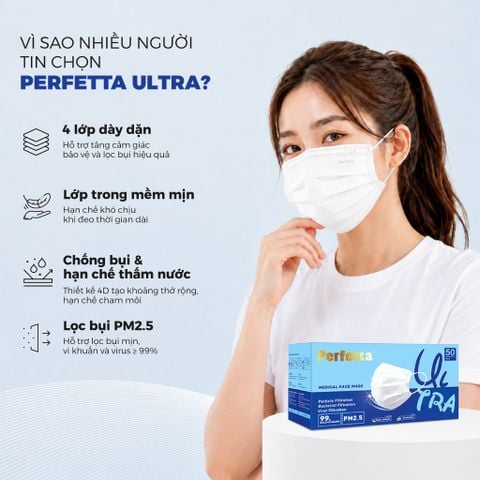 [Mua 3 Tặng 1] Combo 3 Khẩu Trang Y Tế Cao Cấp Perfetta Ultra Xuất Khẩu 4 Lớp, Ngăn Ngừa Bụi Mịn PM 2.5, Chống Trượt Nước, Êm Tai (50 Cái/Hộp)