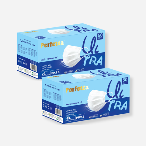 [Mua 2 Tặng 1] Combo 2 Khẩu Trang Y Tế Cao Cấp Perfetta Ultra Xuất Khẩu 4 Lớp, Ngăn Ngừa Bụi Mịn PM 2.5, Chống Trượt Nước, Êm Tai (50 Cái/Hộp)