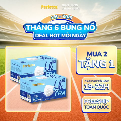 [Mua 2 Tặng 1] Combo 2 Khẩu Trang Y Tế Cao Cấp Perfetta Ultra Xuất Khẩu 4 Lớp, Ngăn Ngừa Bụi Mịn PM 2.5, Chống Trượt Nước, Êm Tai (50 Cái/Hộp)