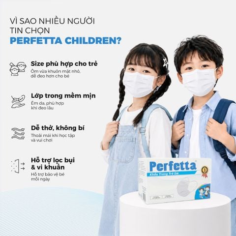 [Mua 3 Tặng 1] Combo 3 Khẩu Trang Y Tế Trẻ Em Perfetta Moderate Children 3 Lớp, Mềm Mại, Dễ Thở, Êm Tai, Kháng Khuẩn (35 Cái/Hộp)