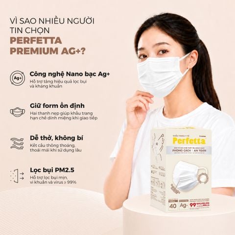 [Mua 3 Tặng 1] Combo 3 Khẩu Trang Y Tế Cao Cấp Perfetta Premium Ag+ 3 Lớp, Kháng Khuẩn Nano Bạc, 2 Thanh Nẹp Thông Thoáng (40 Cái/Hộp)