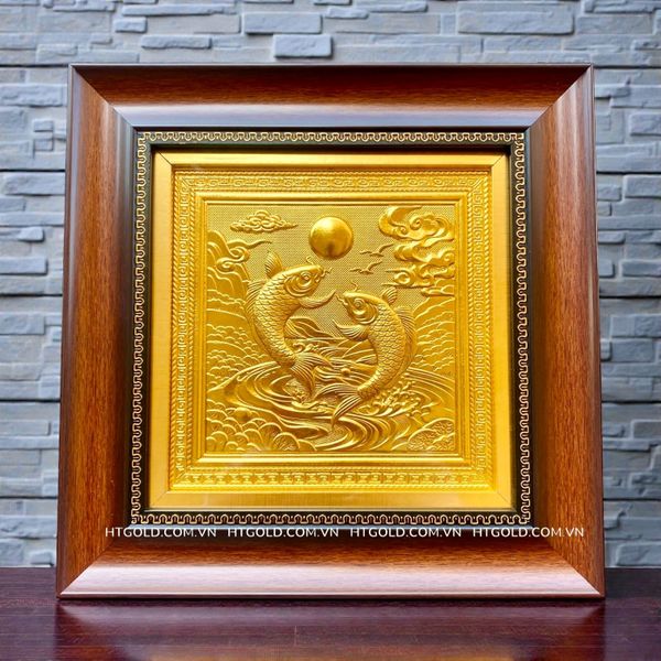 TRANH ĐỒNG SONG NGƯ VỌNG NGUYỆT DÁT VÀNG (28cm*28cm)