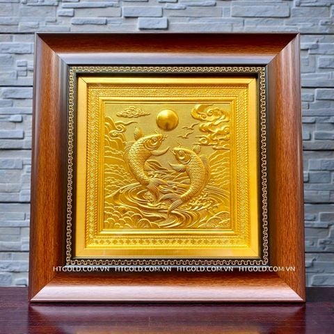 TRANH ĐỒNG SONG NGƯ VỌNG NGUYỆT DÁT VÀNG (28cm*28cm)