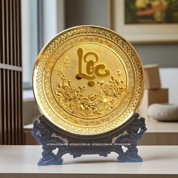 TRANH ĐĨA ĐỒNG CHỮ LỘC MẠ VÀNG 24K (Đk 25cm/ Cao 30cm)