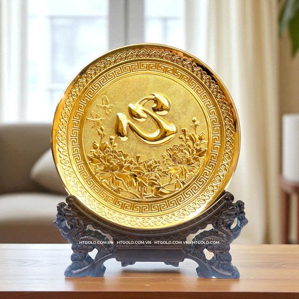 TRANH ĐĨA ĐỒNG CHỮ TÂM MẠ VÀNG 24K (Đk 25cm/ Cao 30cm)