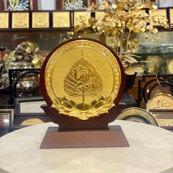 QUÀ TẶNG LÁ BỒ ĐỀ BÌNH AN BẰNG ĐỒNG, DÁT VÀNG (15 x 19cm)