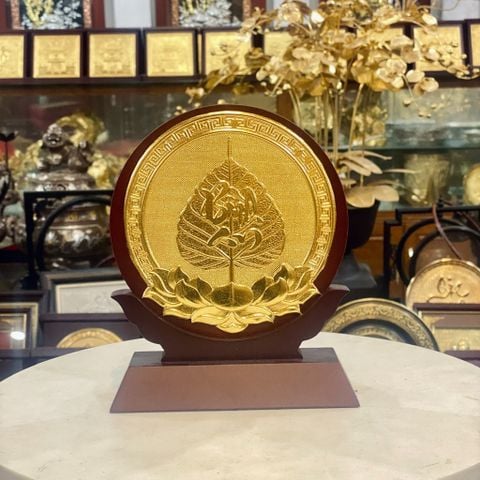QUÀ TẶNG LÁ BỒ ĐỀ BÌNH AN BẰNG ĐỒNG, DÁT VÀNG (Đk 15cm / Cao 19cm)