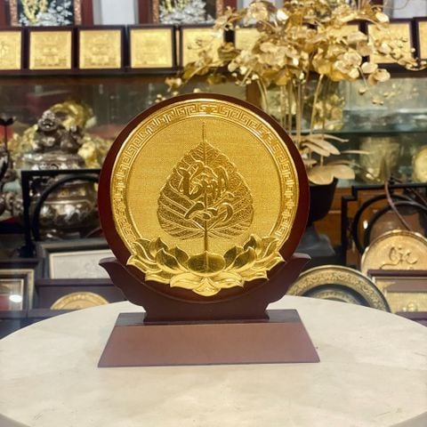 QUÀ TẶNG LÁ BỒ ĐỀ BÌNH AN BẰNG ĐỒNG, DÁT VÀNG (Đk 20cm / Cao 25cm)