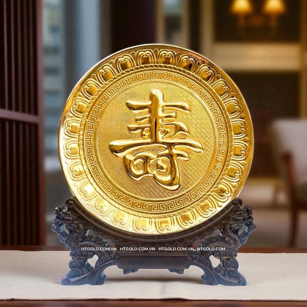 TRANH ĐĨA ĐỒNG CHỮ THỌ MẠ VÀNG 24K (Đk 25cm/ Cao 30cm)