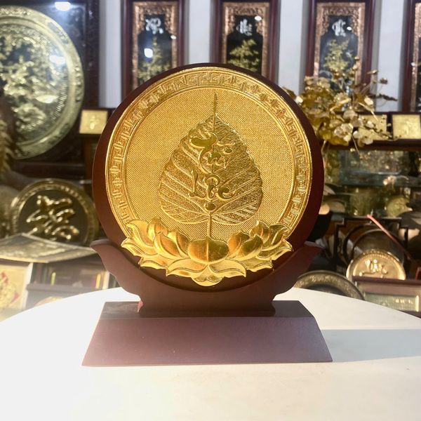 QUÀ TẶNG LÁ BỒ ĐỀ TÀI LỘC BẰNG ĐỒNG DÁT VÀNG (Đk 15cm / Cao 19cm)