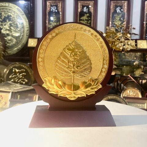 QUÀ TẶNG LÁ BỒ ĐỀ TÀI LỘC BẰNG ĐỒNG DÁT VÀNG (Đk 15cm / Cao 19cm)